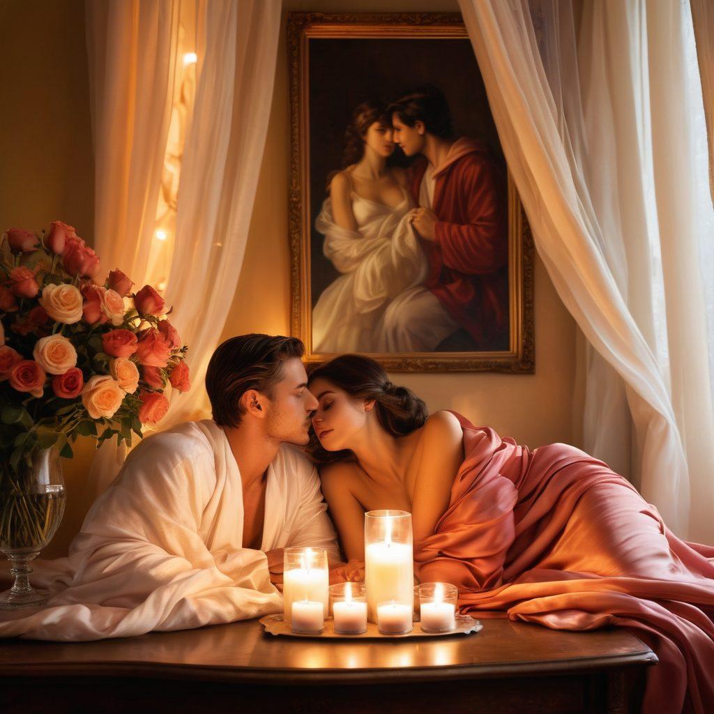 A dimly lit room adorned with soft candles, plush cushions, and draped silk fabric, where two figures, a man and a woman, share a playful yet intimate gaze, framed within a shimmering veil. Surround them with subtle hints of blooming roses and an air of mystery. The atmosphere radiates a blend of flirtation and deep connection, evoking warmth and allure. painting. warm colors. romantic ambiance.