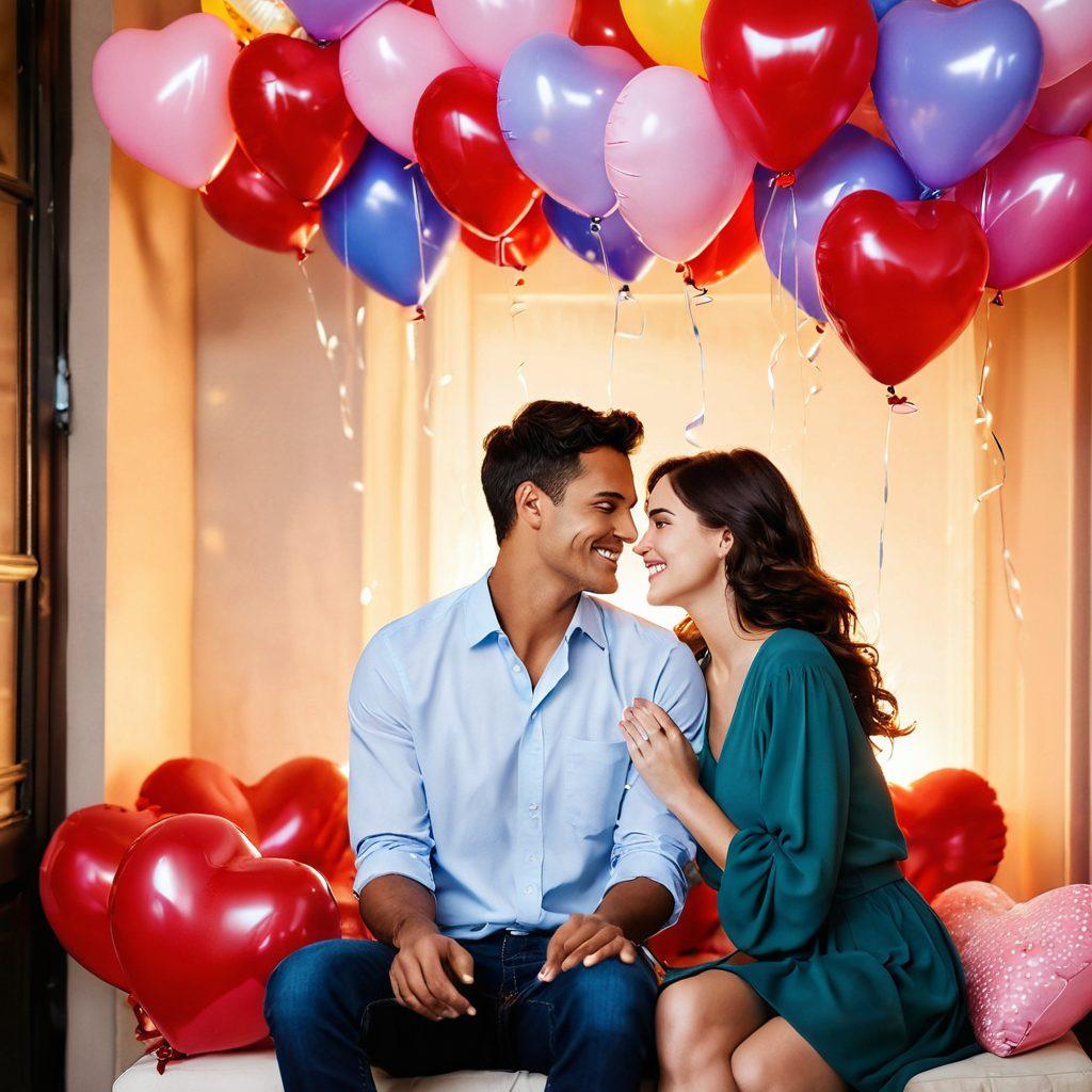 A playful and intimate scene featuring a couple enjoying each other's company in a romantic setting. Soft lighting illuminates their smiling faces as they explore playful activities, surrounded by whimsical elements like heart-shaped balloons and vibrant flowers. Include subtle hints of affection, with touches of laughter and flirtation in the air. The atmosphere should evoke warmth and connection while maintaining an artistic edge. vibrant colors. soft focus. romantic style.