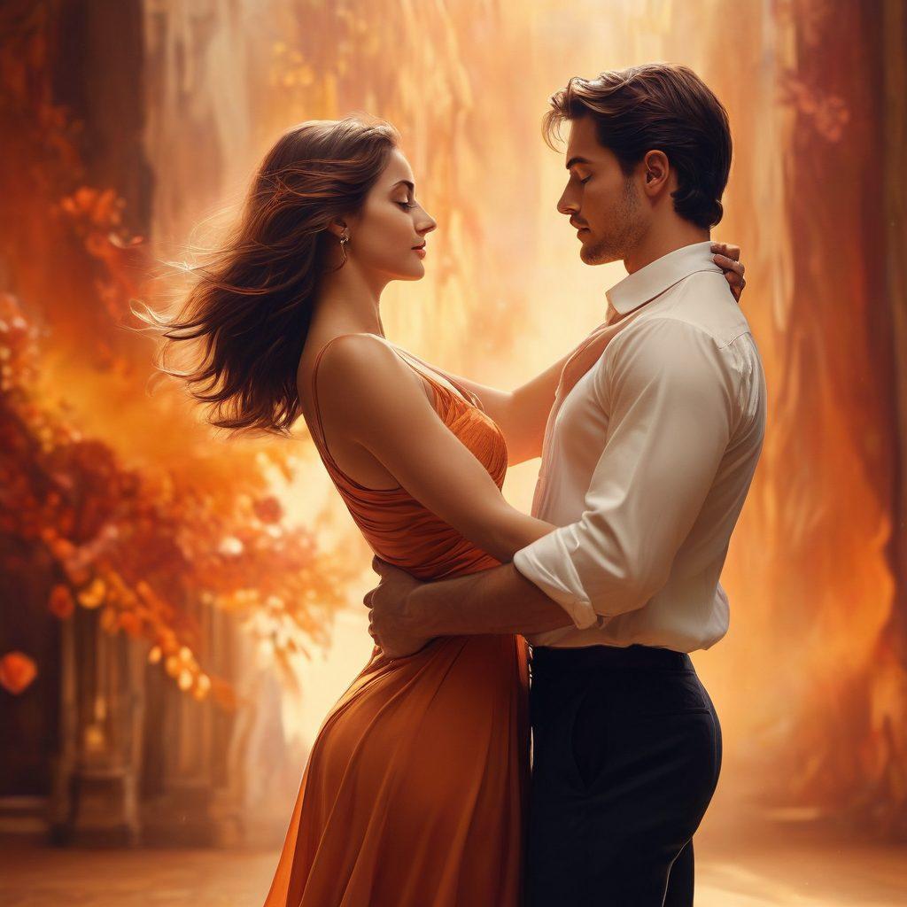 A captivating scene of a couple intertwined in a dance, surrounded by soft, dim lighting that highlights their sensual expressions. The background features abstract shapes and warm colors that evoke passion and intimacy. Subtle floral elements weave through the air, symbolizing romance and attraction. The overall atmosphere suggests depth and emotional connection, inviting viewers to explore their own passions. super-realistic. warm tones. soft focus.